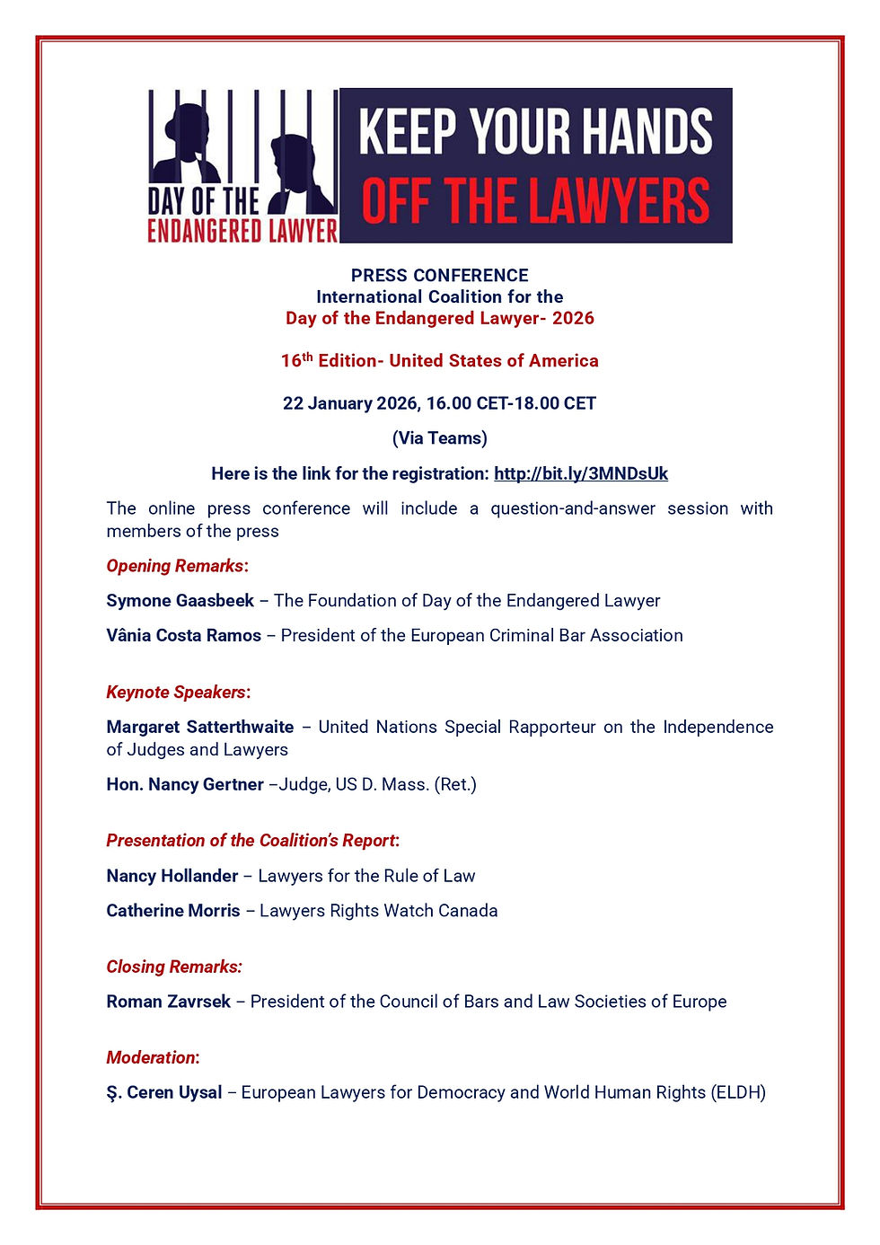 Пресс-конференция Международной коалиции ко Дню адвоката, находящегося под угрозой – 2026