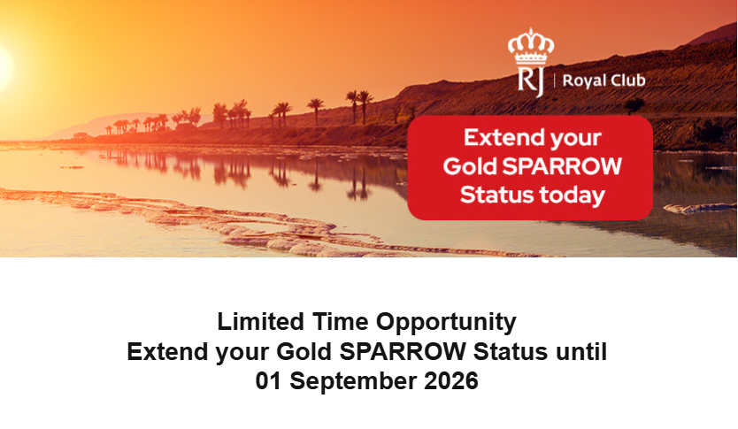 Sunset over a river with palm trees. Red box reads "Extend your Gold SPARROW Status today." Text below offers a limited time opportunity.