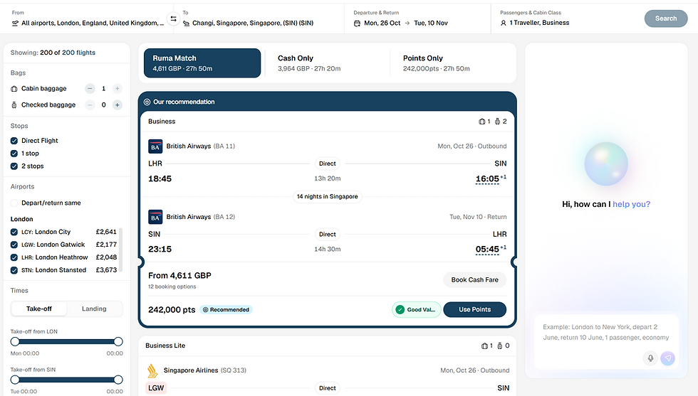 Flight search results for London to Singapore showing British Airways business direct round trip, prices, dates, filters, and a help panel.