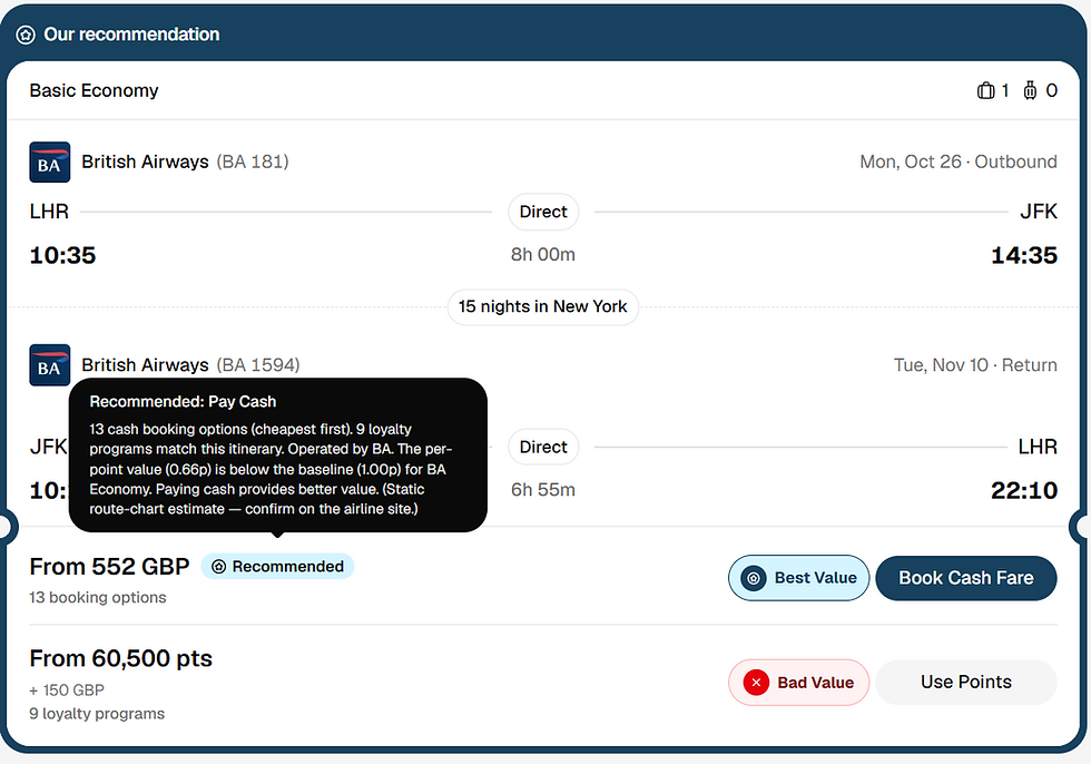 Flight booking recommendation card for British Airways LHR-JFK round trip, with cash fare, points, and Best Value buttons.