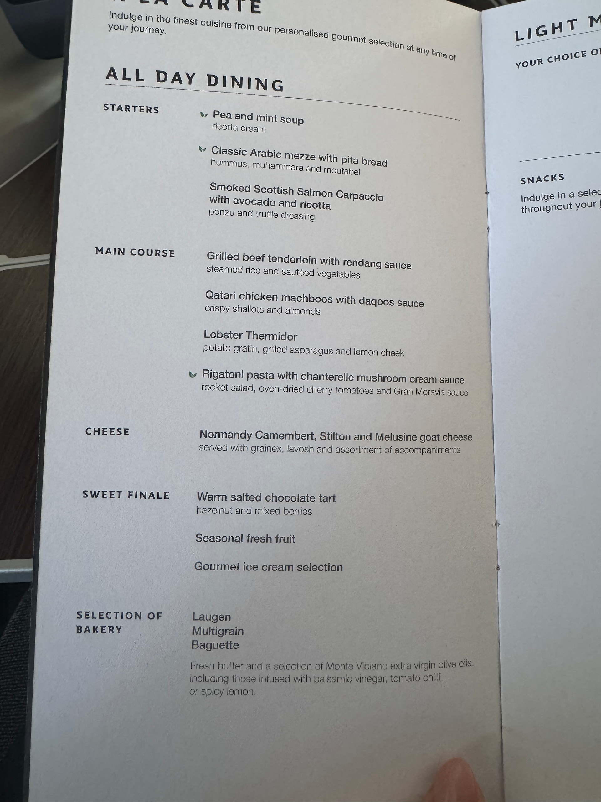 QR4 Business Class menu all day dining