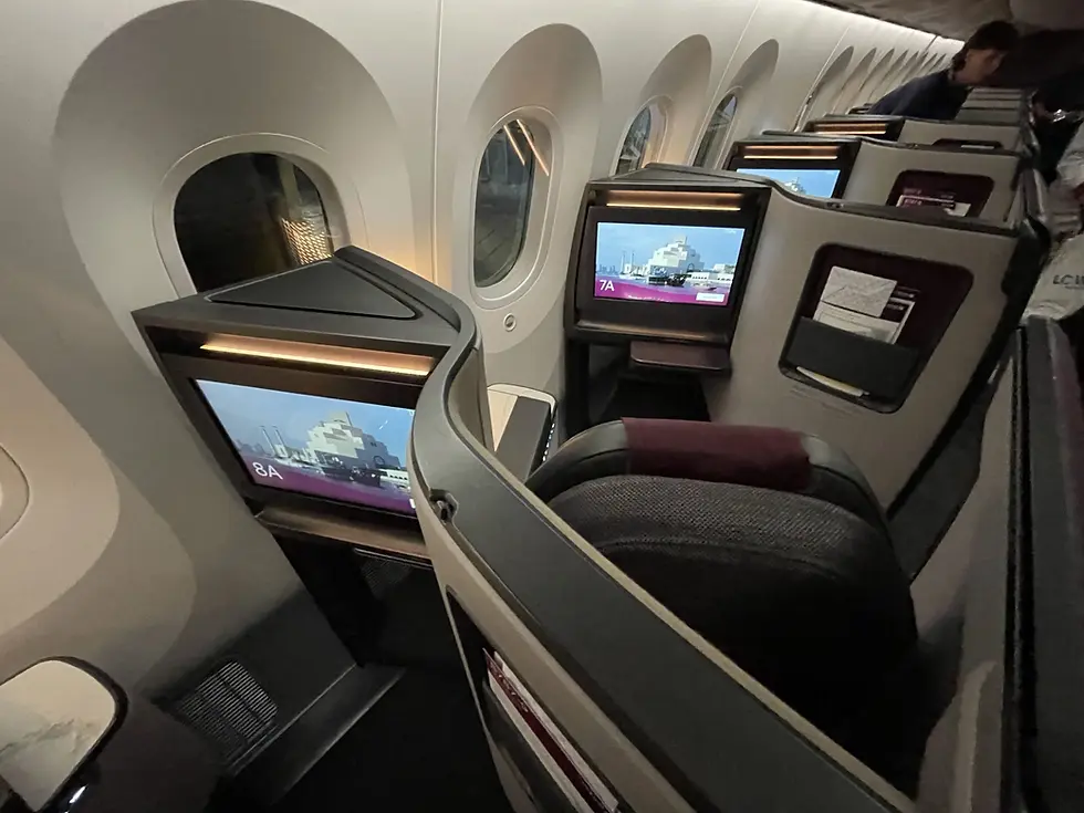 Airplane business class cabin with seats, each featuring personal screens displaying seat numbers 8A and 7A. Dimly lit interior.