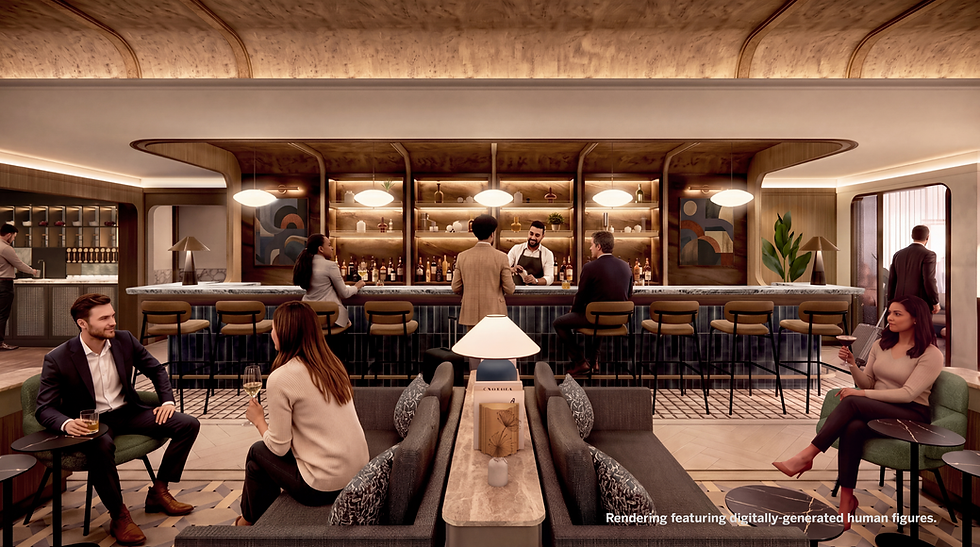 Elegant hotel bar with guests chatting and drinks; bartender at marble counter. Text: rendering featuring digitally-generated human figures.