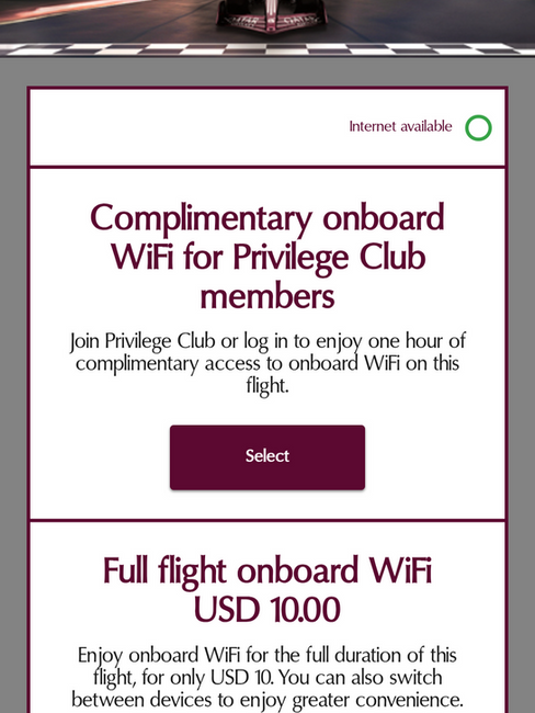 WiFi options onboard Qatar Airways 787-9