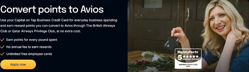 Smiling blonde woman holds a business credit card beside ad text: Convert points to Avios, Apply now, 5-star rating.