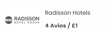 Radisson Hotels logo with RHG icon and text 4 Avios / £1 on a white background