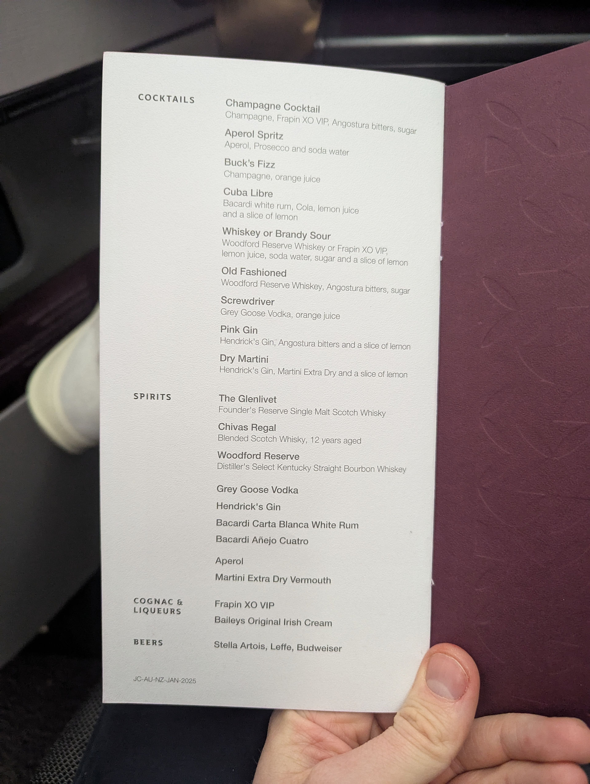 Drinks menu on Qatar Airways Business Class