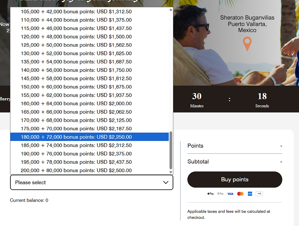 Points purchase page with bonus point package dropdown, Buy points button, and Sheraton Buganvilias Puerto Vallarta banner.