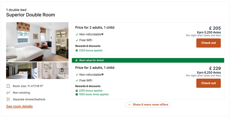 Hotel booking page for Superior Double Room, room photos, £205 and £229 offers, non-smoking, Free WiFi, Check out buttons.