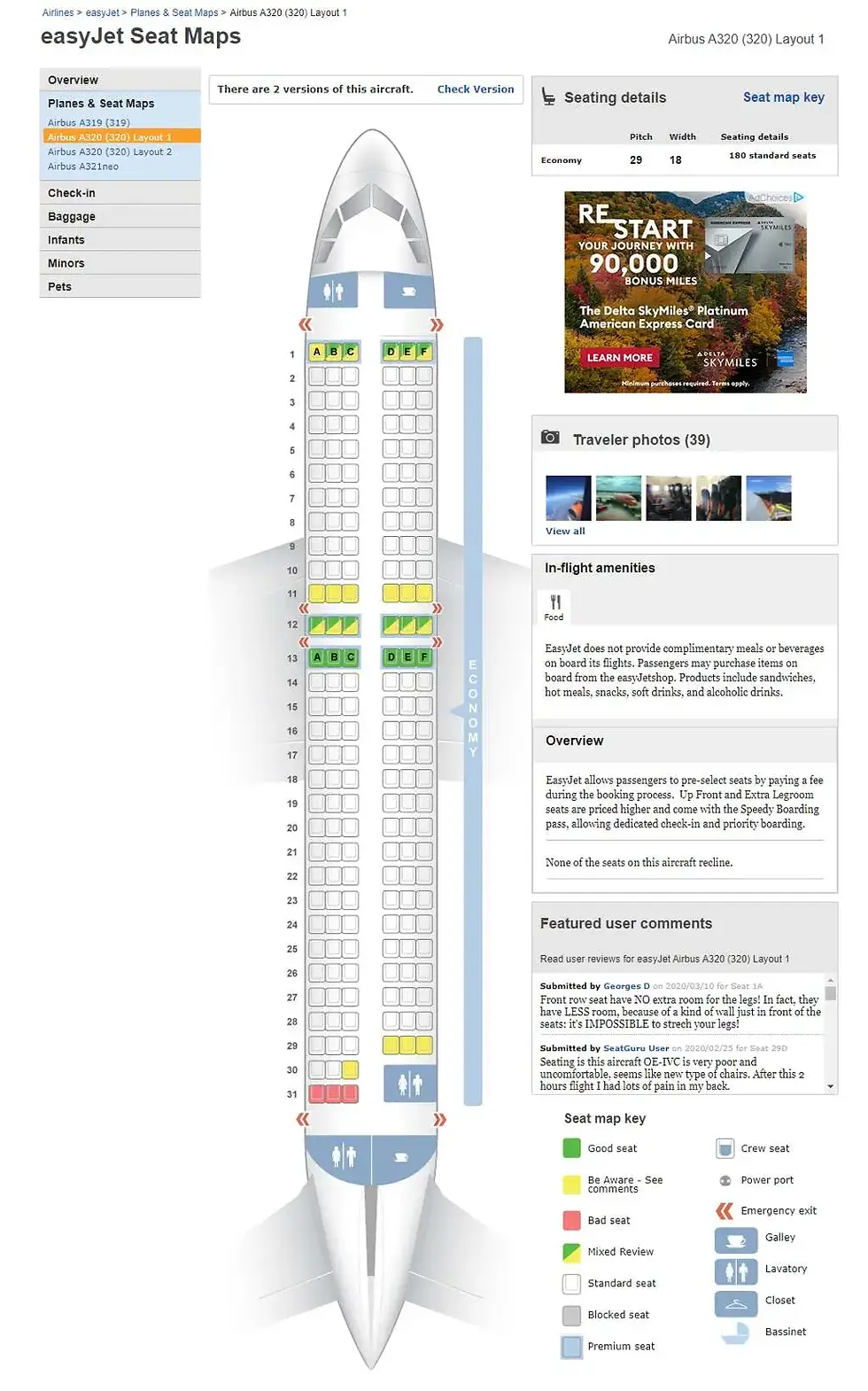 EasyJet Airbus A320 seat map on SeatGuru. Features highlighted seats, seating details, and amenities info. Includes user comments and travel photos.