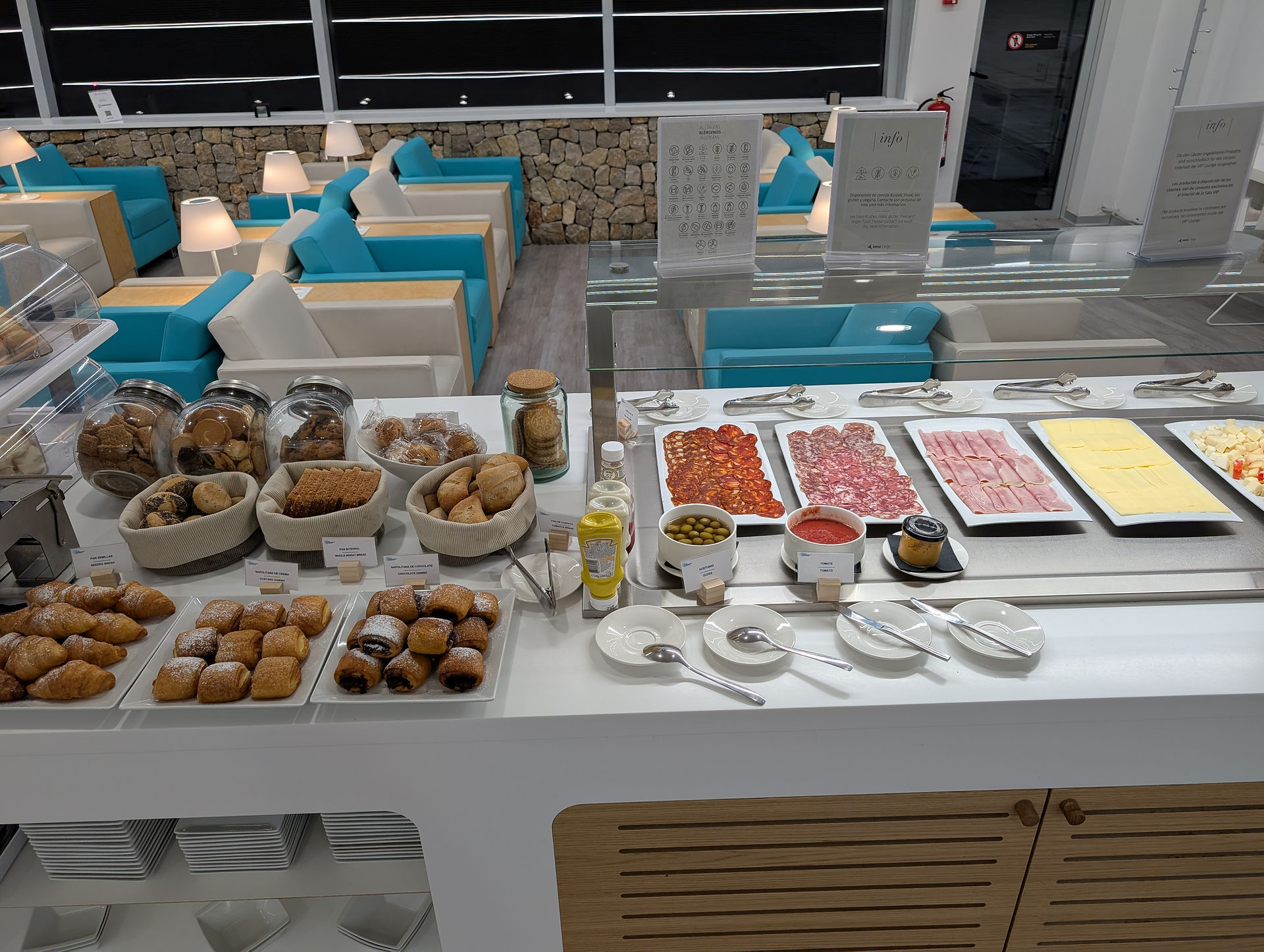 Pastries and cold meat at Tramuntana VIP lounge in Menorca airport