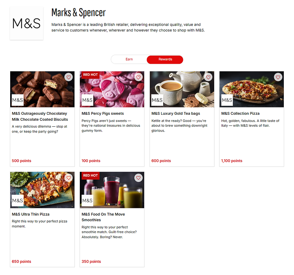 M&S Rewards page features images of chocolate biscuits, Percy Pigs sweets, tea bags, pizzas, and smoothies with corresponding points.