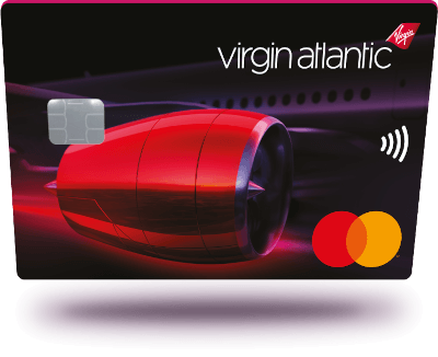 Credit card design featuring a red airplane engine, Virgin Atlantic logo, and Mastercard logo. Background is dark with a muted airplane silhouette.