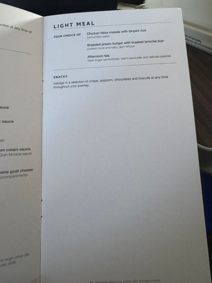 QR4 Business Class menu light meal