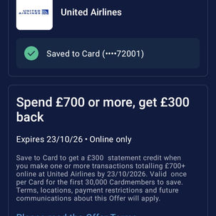 Great Amex offer: spend £700 at (not on) United Airlines, get £300 back