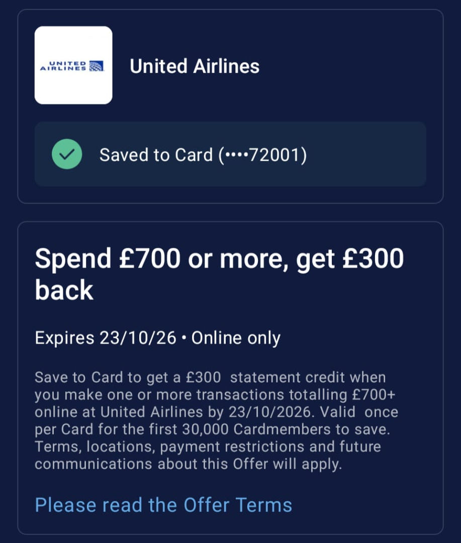 Great Amex offer: spend £700 at (not on) United Airlines, get £300 back