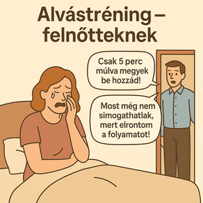 A képen a nő az ágyon ülve sír, miközben a férfi az ajtóban áll, és azt mondja: "csak 5 perc múlva megyek be hozzád!", "Most még nem simogathatlak, mert elrontom a folyamatot"