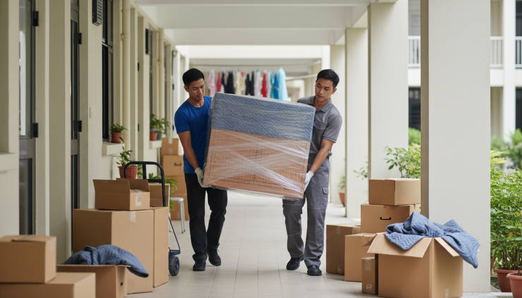 Wide-angle view of movers carefully carrying wrapped furniture outside an HDB block