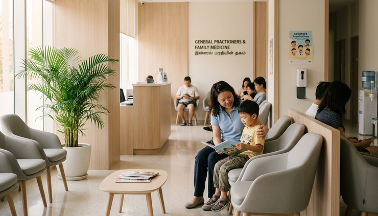 Eye-level view of a calm clinic waiting area with a parent and child seated together