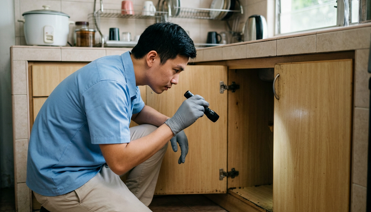 Eye-level view of a pest control technician inspecting a kitchen cabinet for ant activity