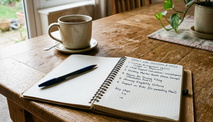 Close-up view of a notebook with handwritten family law questions beside a cup of tea