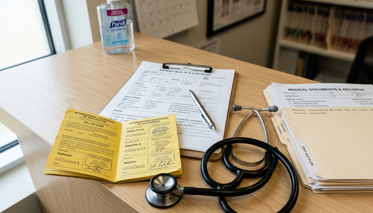 Close-up view of a healthcare checklist beside a stethoscope and travel vaccination booklet