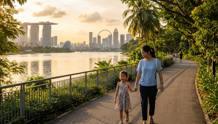 Eye-level view of a parent and child walking along a quiet Singapore riverside path