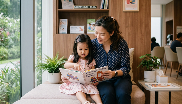 Eye-level view of a parent helping a child read a picture book in a quiet clinic corner
