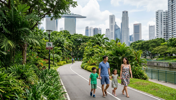 Wide-angle view of a family walking along a green pedestrian path near central Singapore