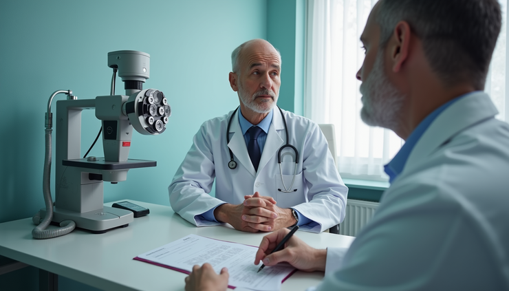 Eye-level view of a medical consultation room with headache assessment tools