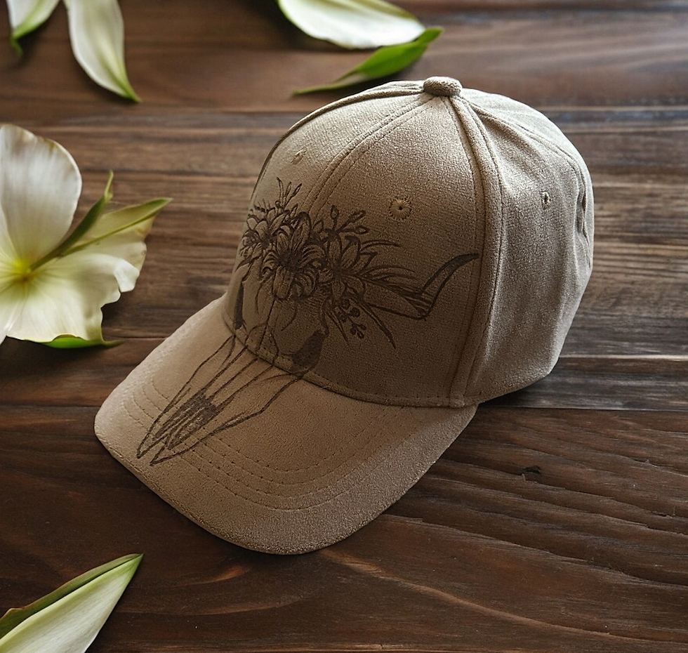 Thumbnail: Hand Burned Floral Bull Skull Hat with Lilies