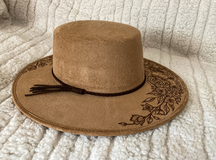 Thumbnail: Hand Burned Vegan Suede Cordobes Hat – Floral Butterfly Design