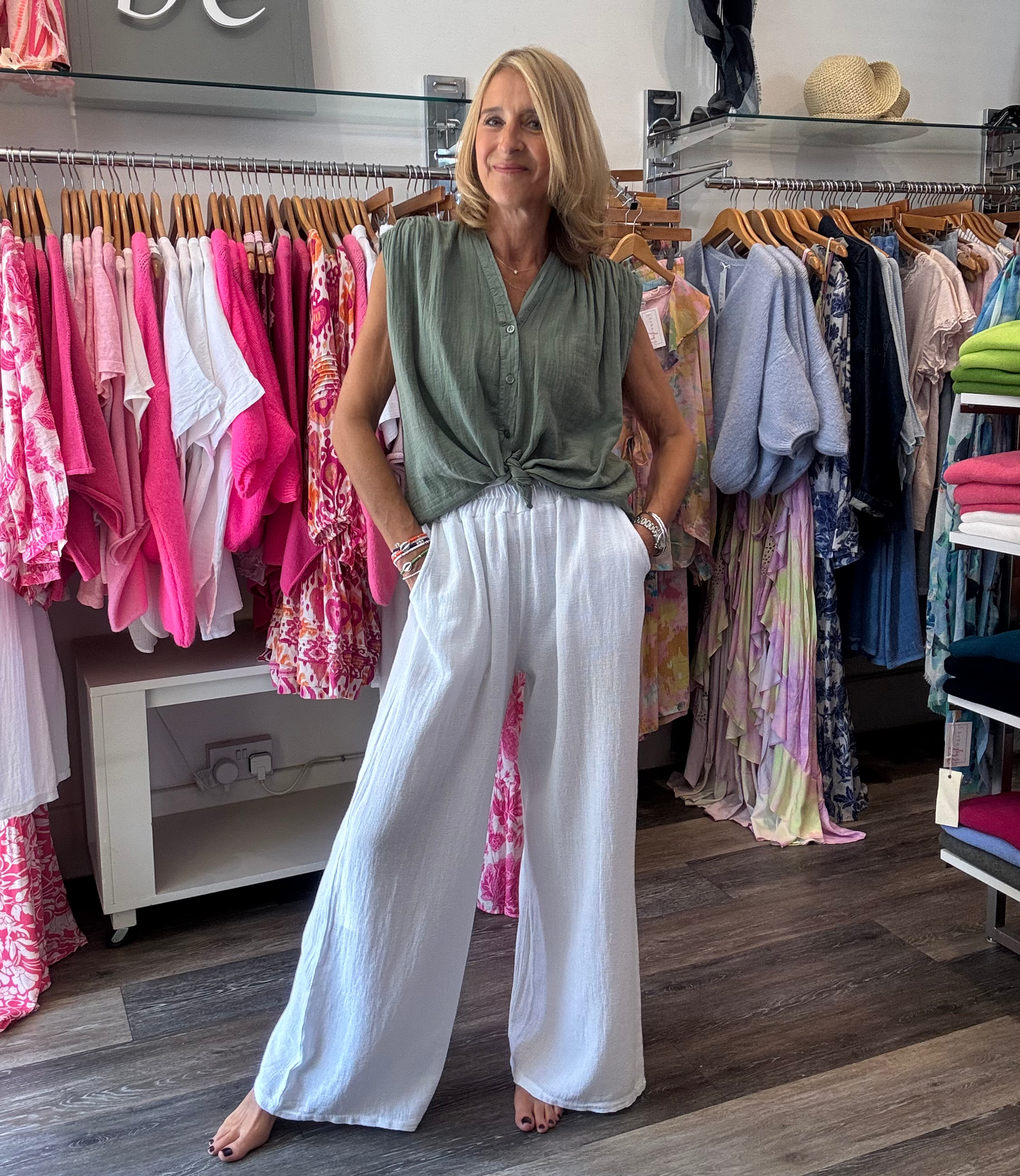 Italian Collection White Wide Gauze Linen Trousers