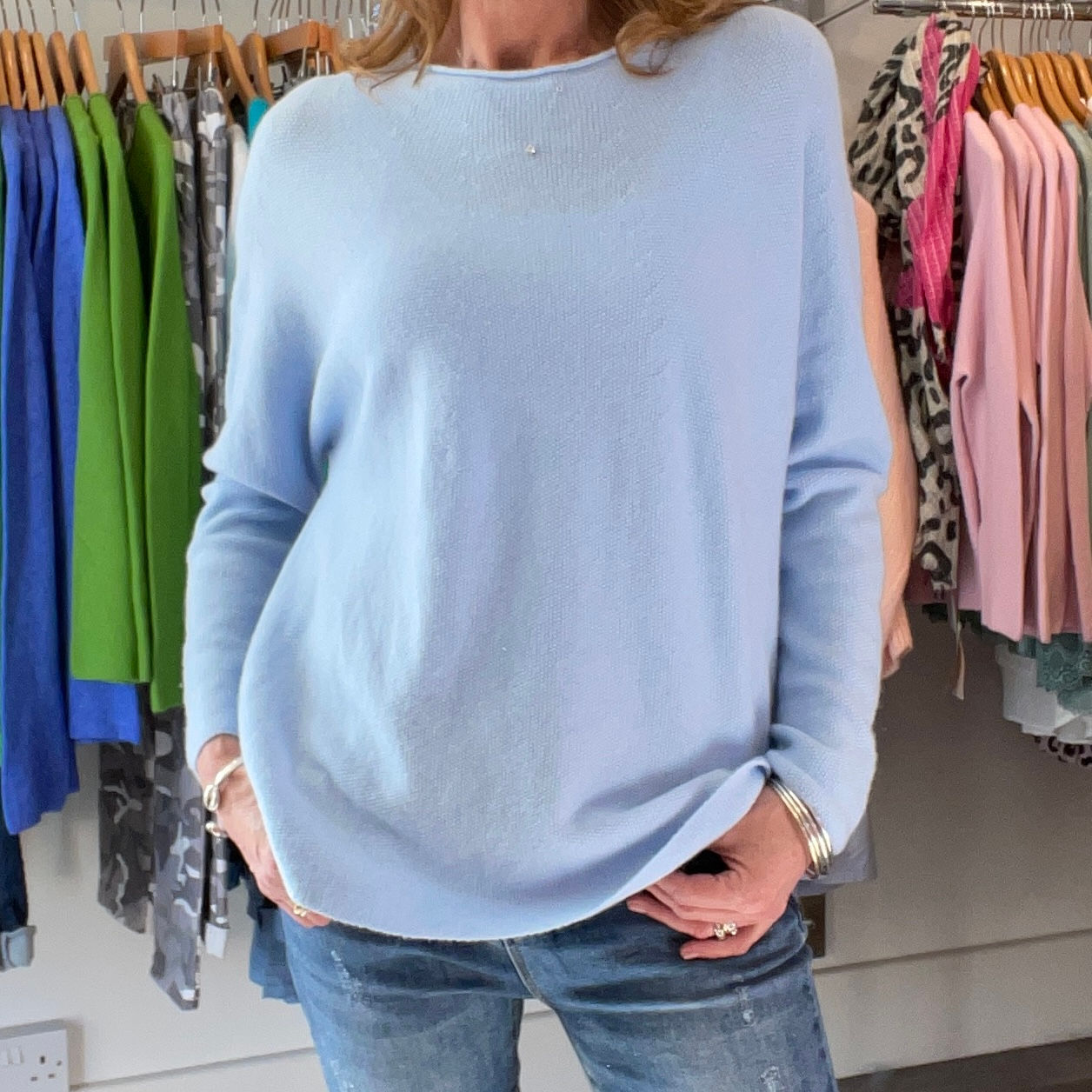 Pale Blue Curved Hem Jumper