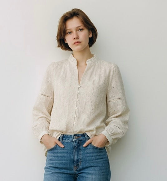 In April 1986 Cream Broderie Ruffle Cotton Blouse
