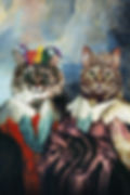 Thumbnail: Two grey cats hand edited as regal clowns and jesters with a blue background.