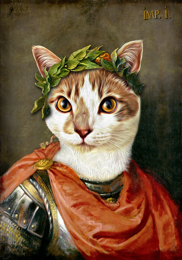 Thumbnail: A pet painted as Julius Caesar. He's wearing metal armor with a red sash and crown made of olive branches