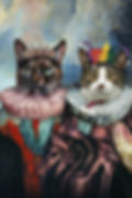 Thumbnail: Two pets custom painted as regal clowns and jesters with a blue background.