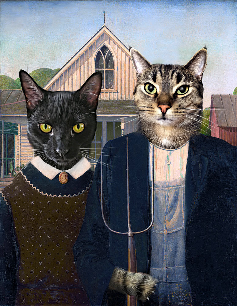 Thumbnail: Fully custom pet portrait gift featuring two cats photoshopped over American Gothic