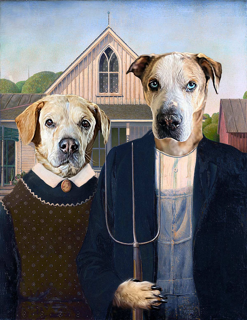 Thumbnail: Two white and tan dogs photoshopped onto American Gothic