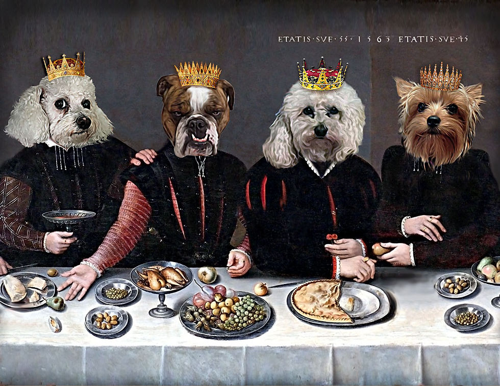 Thumbnail: Renaissance Pet portrait painting of Bichon Frise, Maltipoo, Yorkshire Terrier and bulldog as four kings eating dinner
