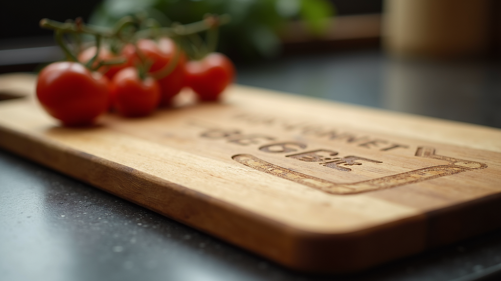 Eye-level view of a custom engraved wooden cutting board