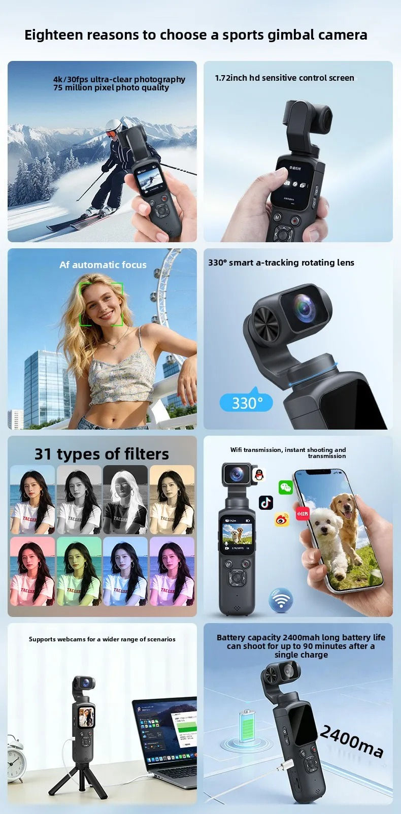 Miniatura: 4K Action Camera With 330° Face Tracking Gimbal Stabilizer 1.72 Inch Touch Scre