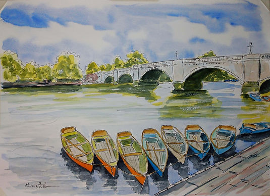 Richmond Bridge Boats II, watercolour & ink painting
