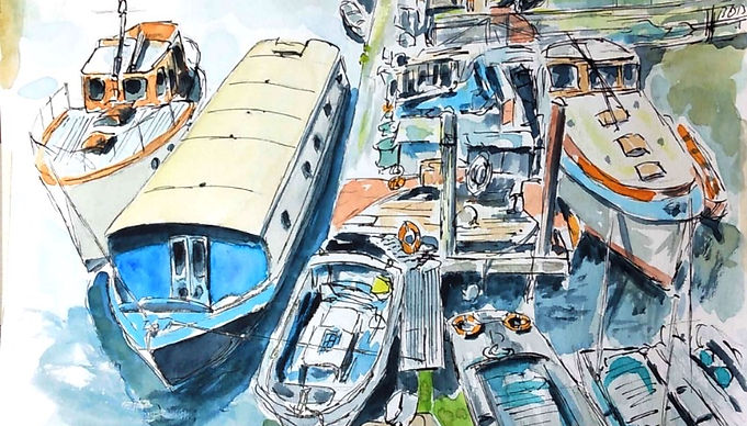 Thames view from Richmond Bridge, watercolour & ink painting