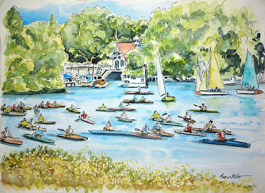 Richmond Canoe Club Hasler race, watercolour & ink painting