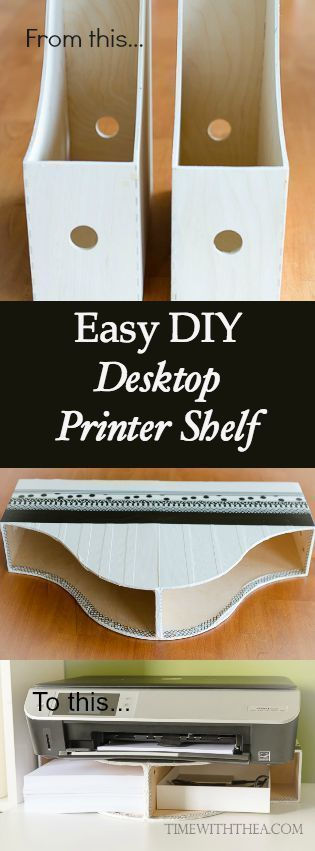Easy DIY Desktop Printer Shelf ~ I was frustrated with the amount of space our printer took on the desktop and the wasted space it created underneath. So I created my own inexpensive printer shelf out of an unlikely item that was super easy to make!: