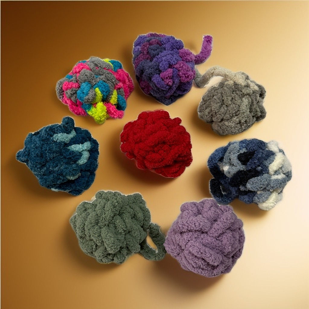 seven woven cat toys shaped like balls of yarn, each with a tail of yarn coming out of them, sage, lavender, red, neon, teal/