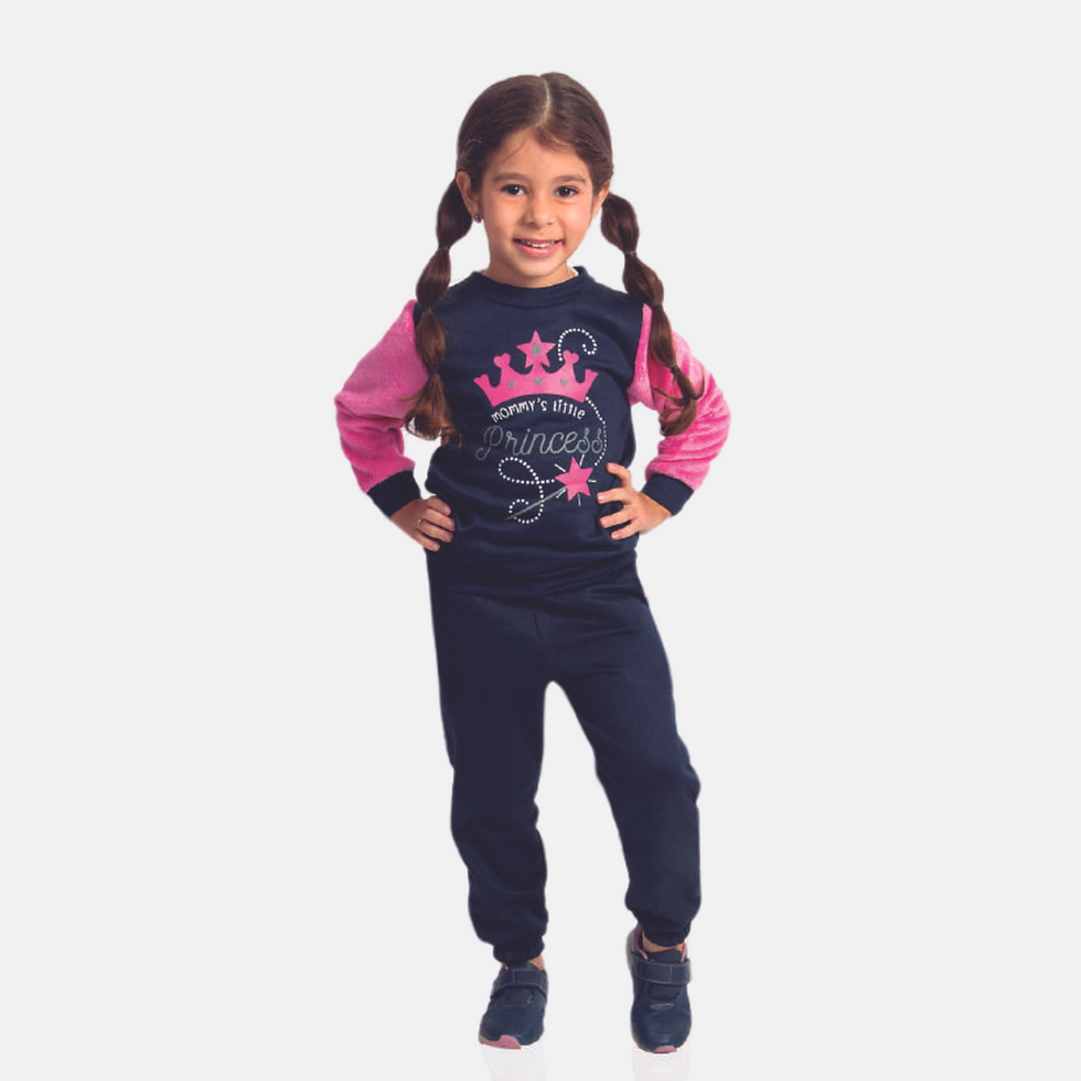 Moletom Azul marinho com mangas em fleece rosa e estampa "Mommy's little princess"