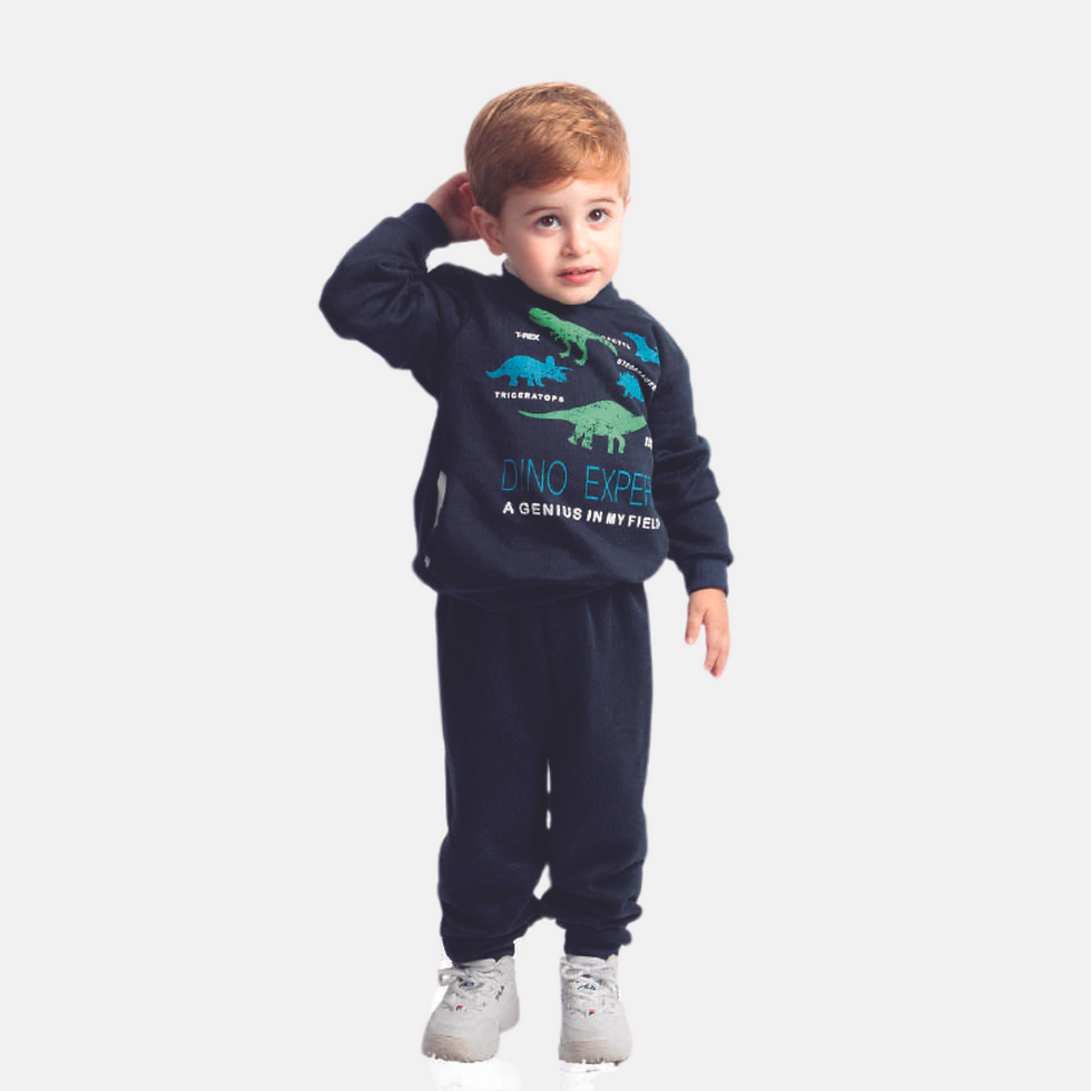 Menino usando conjunto marinho de moletom com capuz e estampa de dinossauros na blusa